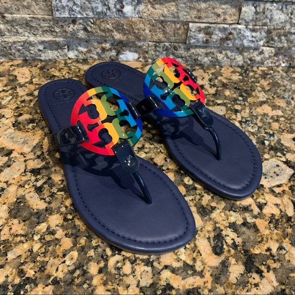Tory Burch Multicolor T Miller Leather Double-t Rainbow Print Sandals - Picture 1 of 3